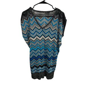 Womens Blue Black Silver Chevron Pattern Knit Tunic Sweater Metallic Sparkle